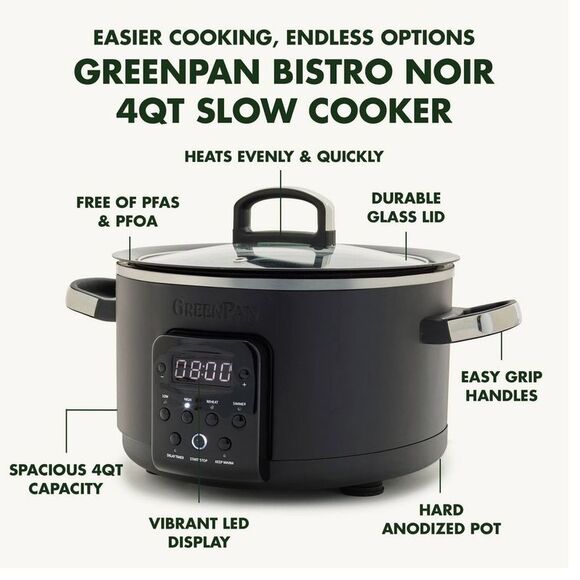 GreenPan - 4QT Slow Cooker Matte Black PFAS-Free Cer Black - Picture 4 of 9